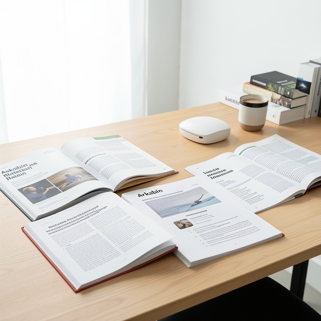 Arkabin editorial workspace in Jakarta — sourcing documentation and supplement containers arranged on a clean wooden desk under bright studio lighting