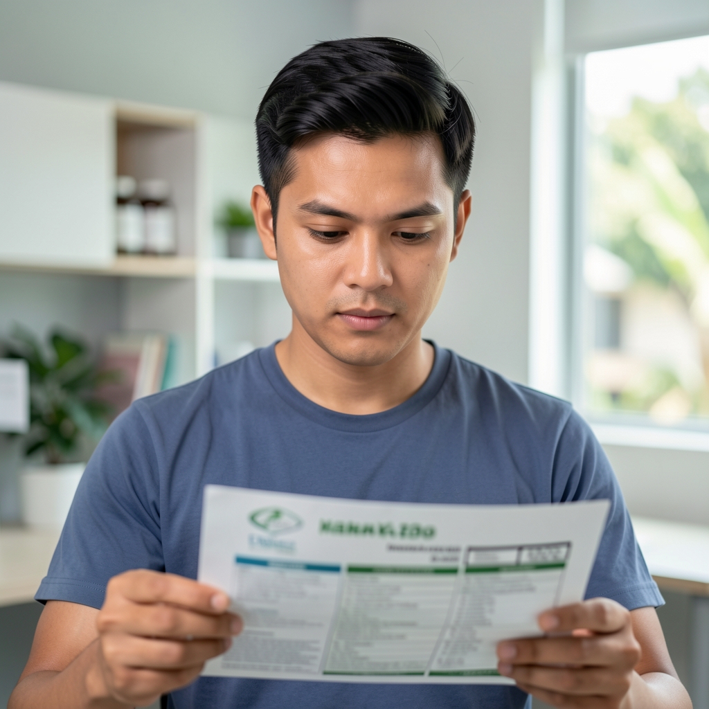 Portrait of a male wellness professional in a clean Jakarta workspace, reviewing ingredient documentation with a focused expression under even studio lighting
