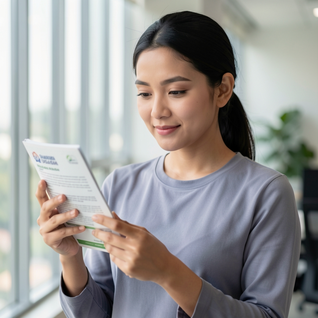 Portrait of a female wellness specialist examining supplement documentation in a bright Jakarta office, professional setting with natural window light