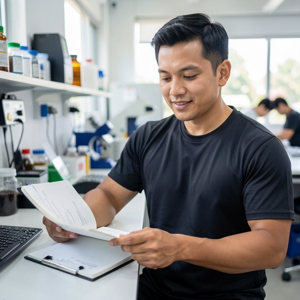 Portrait of a male fitness nutrition specialist reviewing batch documentation in a clean quality-control workspace in Jakarta, open notebook visible