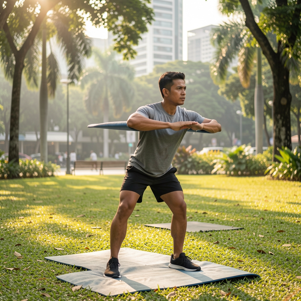 Active man performing outdoor fitness routine in a city park in Jakarta, morning light, structured warm-up movement sequence