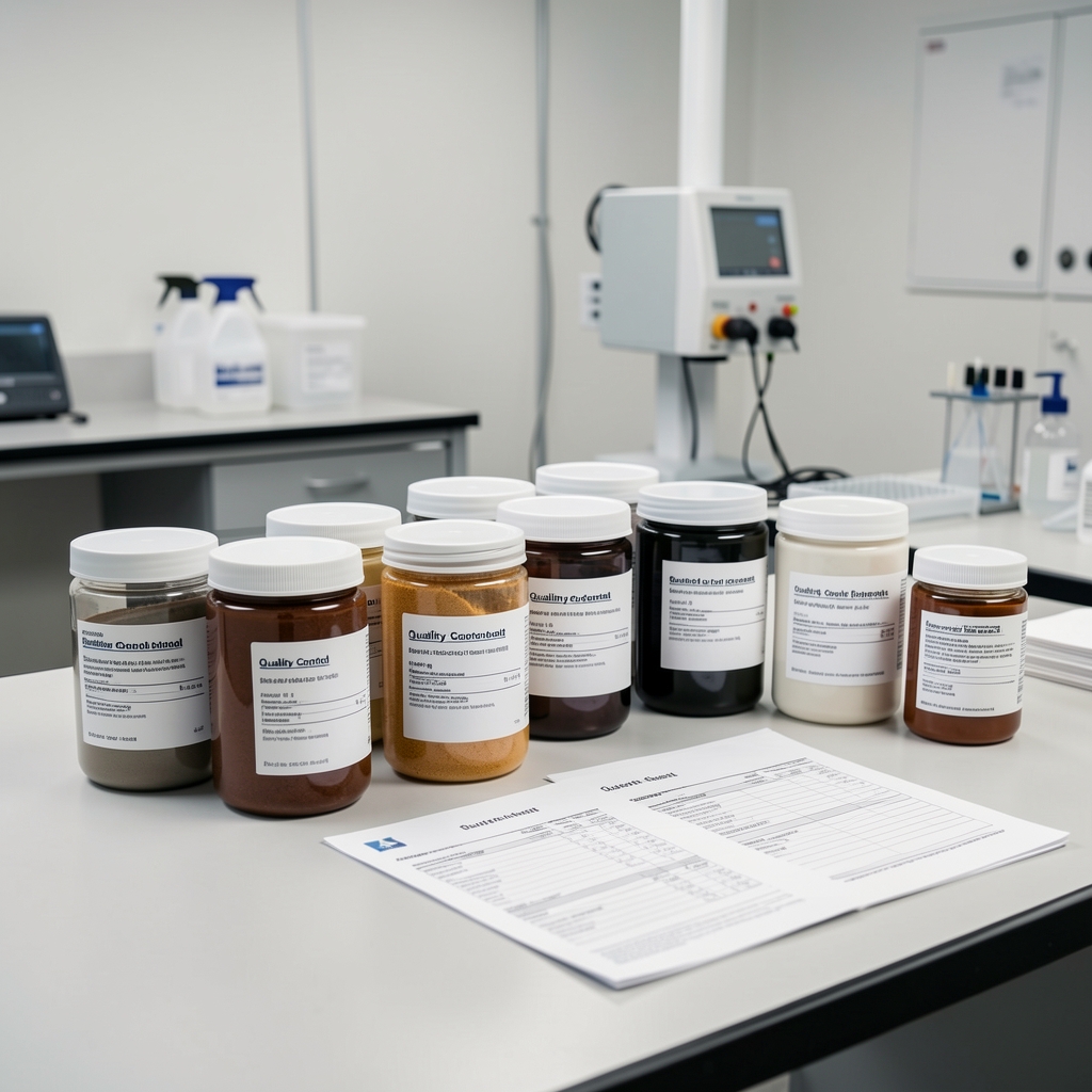 Quality-control workspace showing labelled ingredient containers and batch documentation arranged on a clean workbench under controlled studio lighting