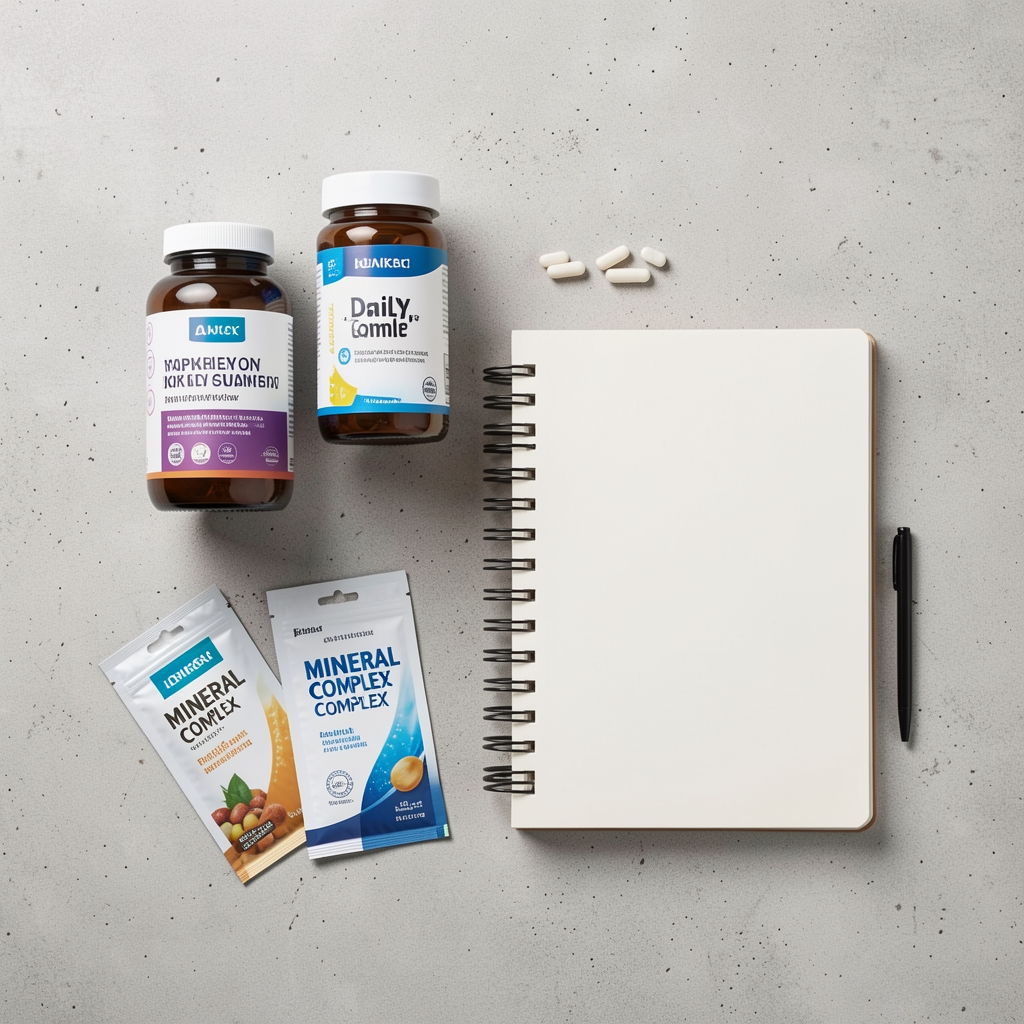 Clean flat-lay of daily supplement containers, mineral complex sachets, and a progress journal on a light concrete surface under controlled studio lighting