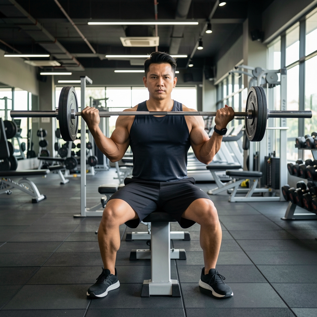 Man performing structured strength training in a well-lit Jakarta gym, wearing athletic gear, focused expression, exercise equipment visible in background
