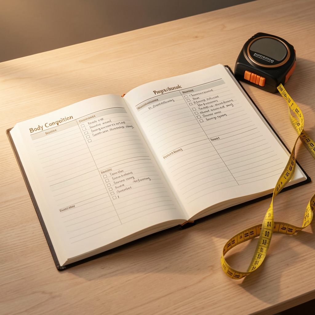 Body composition progress journal open on a desk with nutrition tracking entries, a tape measure nearby on a light wooden surface under warm studio lighting