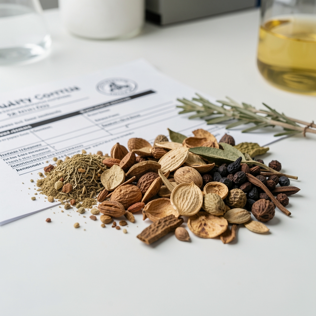 Close-up of dried plant-based extracts and botanical ingredients arranged on a white lab surface with quality-control verification documents visible